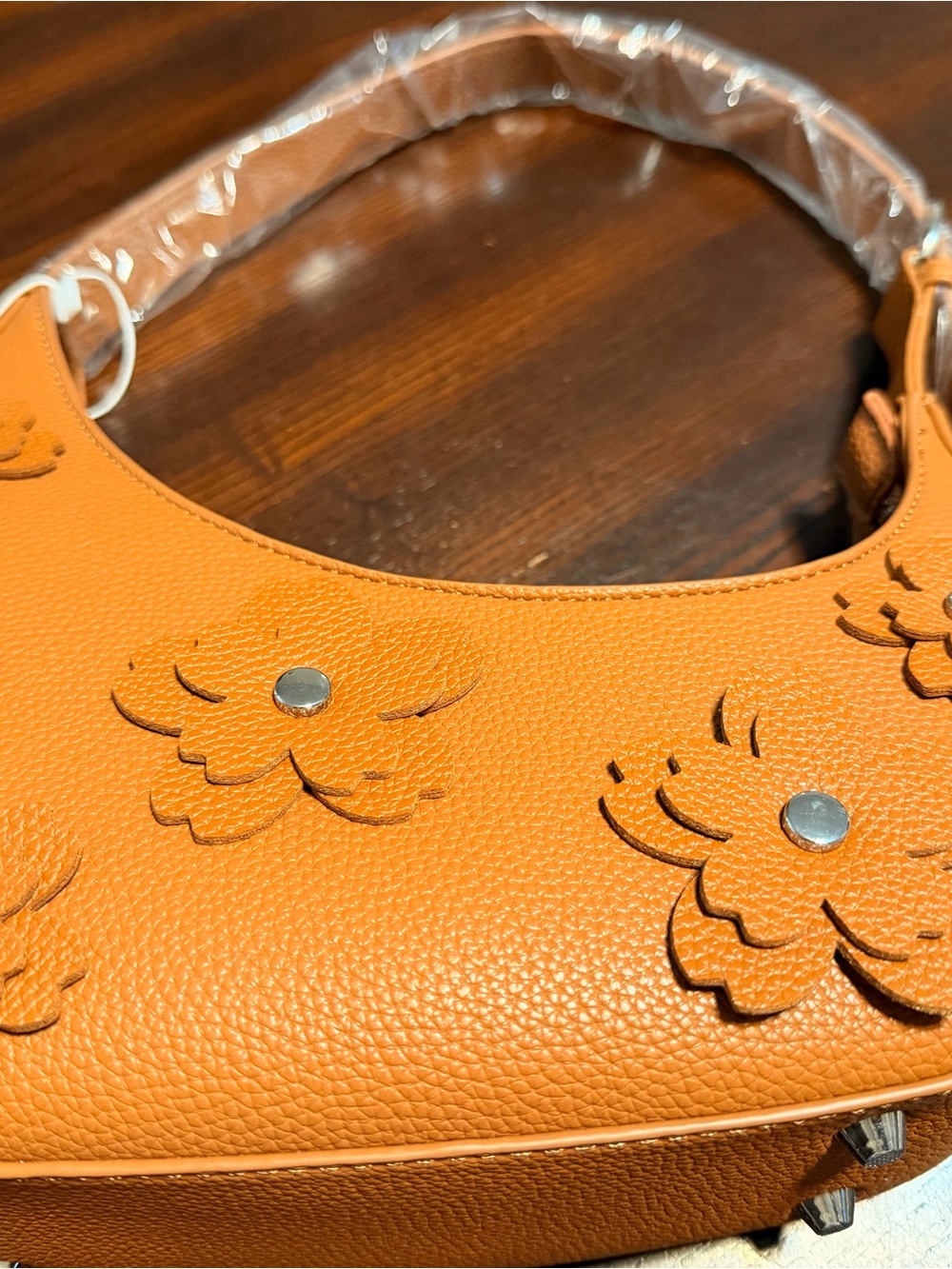 Women's  Leather Brown Floral Appliqué Shoulder Bag
